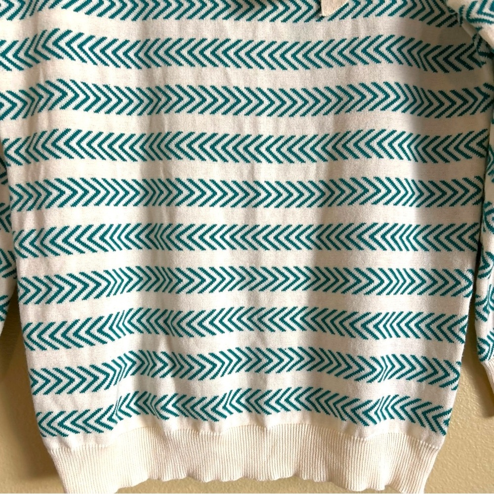 Oxknit Sweater Women’s XL 60s Retro Geo Mod Style Cotton Long Sleeve Teal Cream - Picture 6 of 16